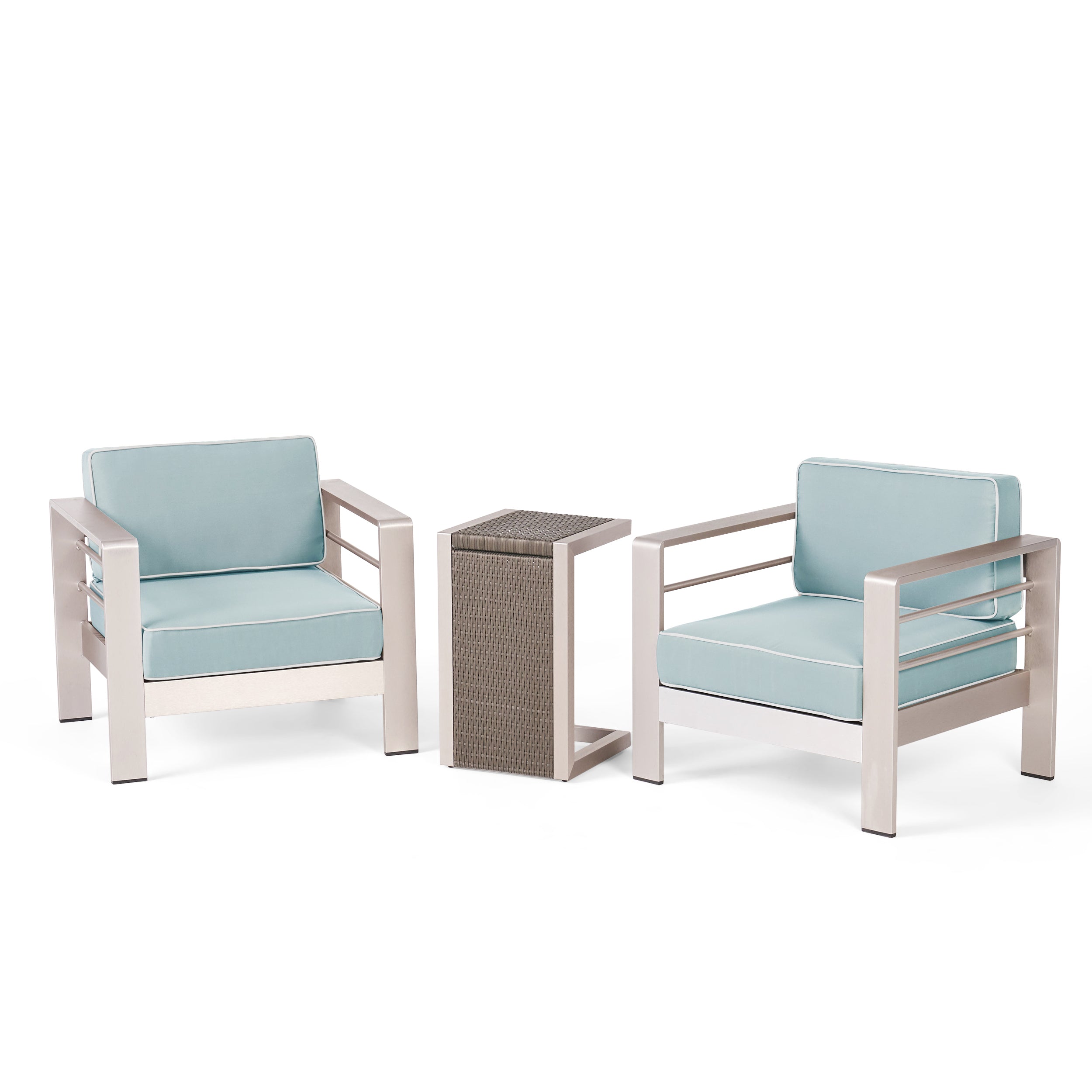 Crested Bay Outdoor 3 Piece Aluminum Framed Chat Set with Wicker C-Shaped Side Table