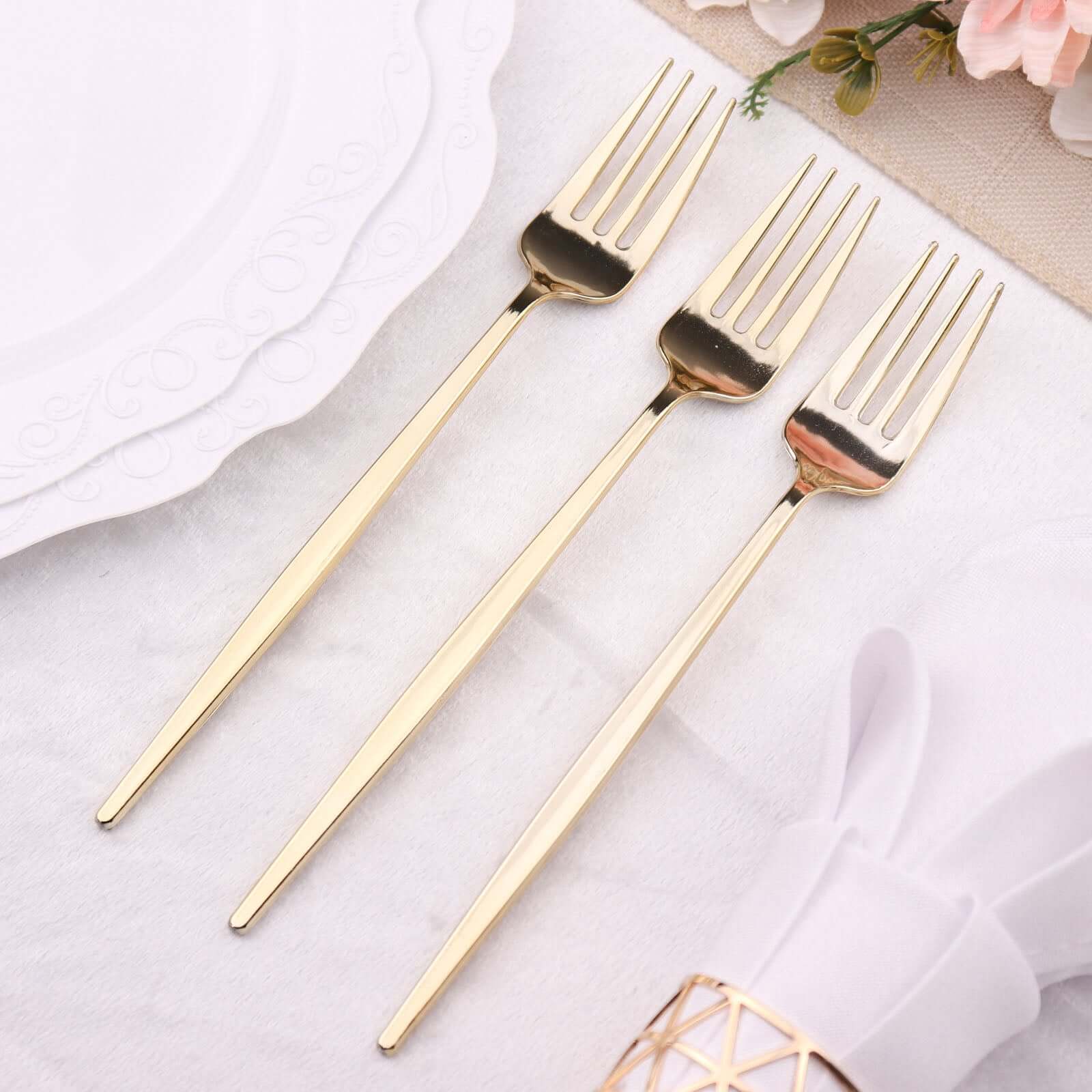 24 Pack Glossy Gold Heavy Duty Plastic Silverware Forks Cutlery, Premium Disposable Sleek Flatware 8