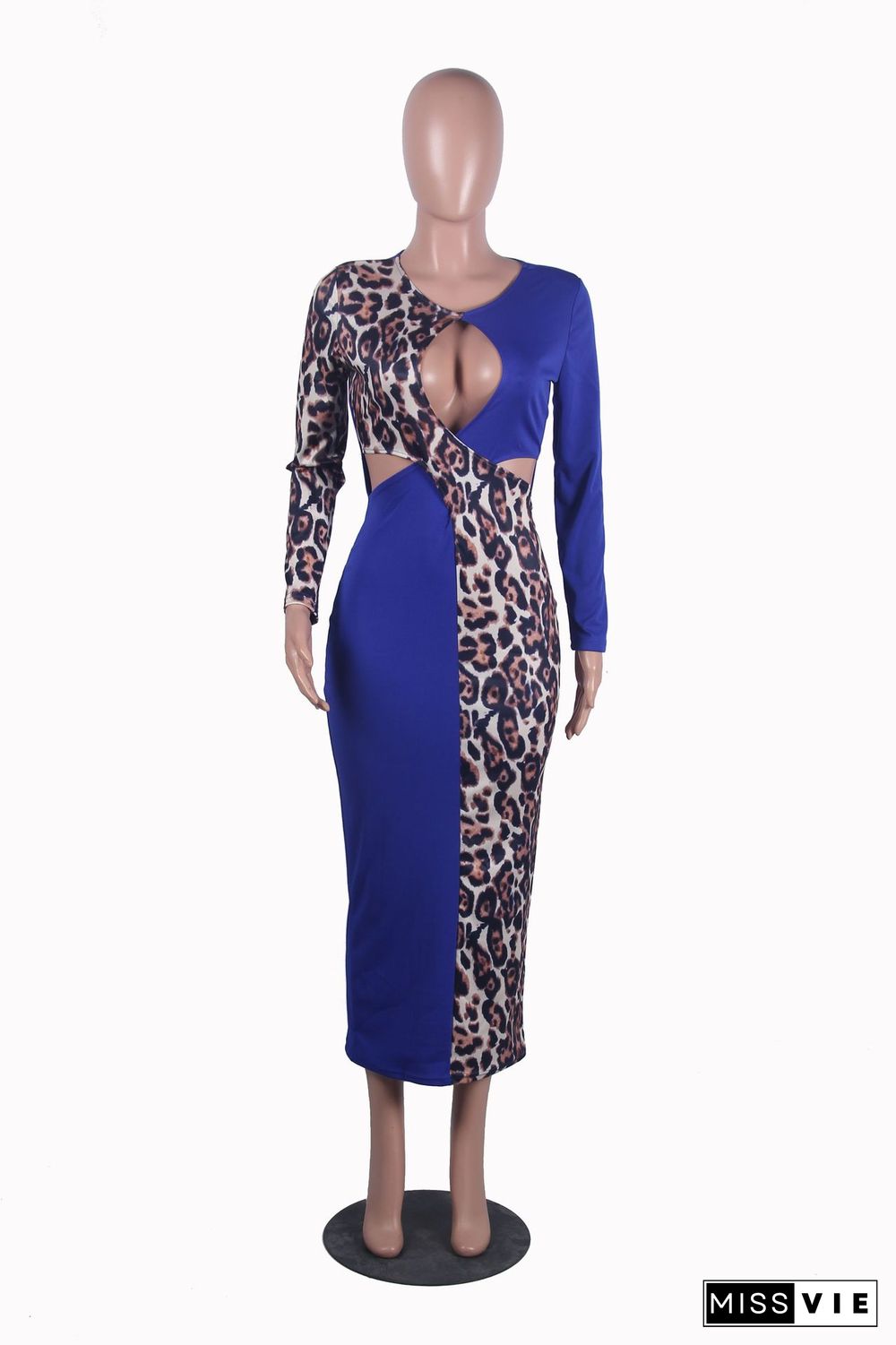 Leopard Patchwork Long Sleeve Cut Out Sexy Dresses