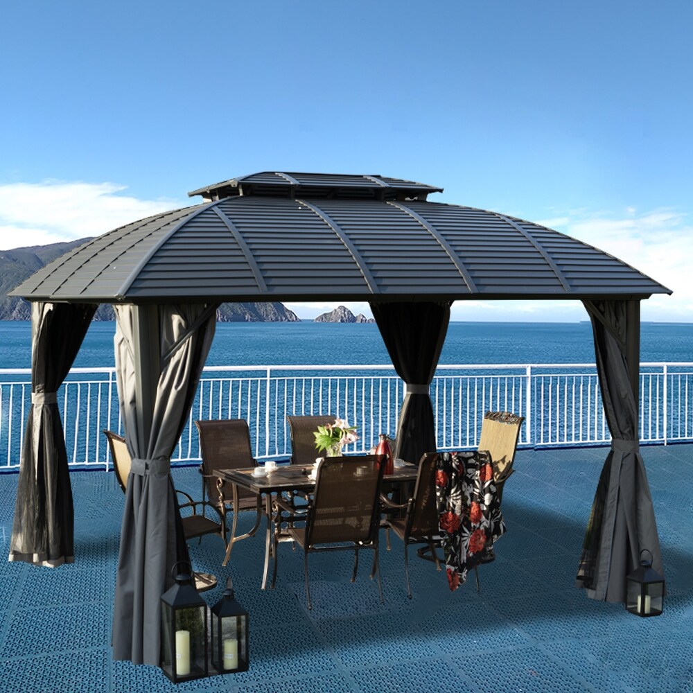 Kozyard Odyssey 10'x12' Hardtop Aluminum Permanent Gazebo with a Mosquito Net Sidewall and Privacy Wall