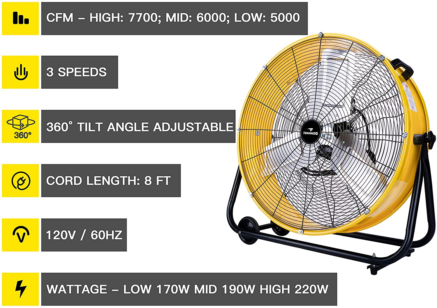 Tornado 24 Inch Grade UL Listed High Velocity Movement Heavy Duty Drum 3 Speed Air Circulator Fan 7800 CFM-Industrial, Commercial, Residential, and Greenhouse Use, Yellow