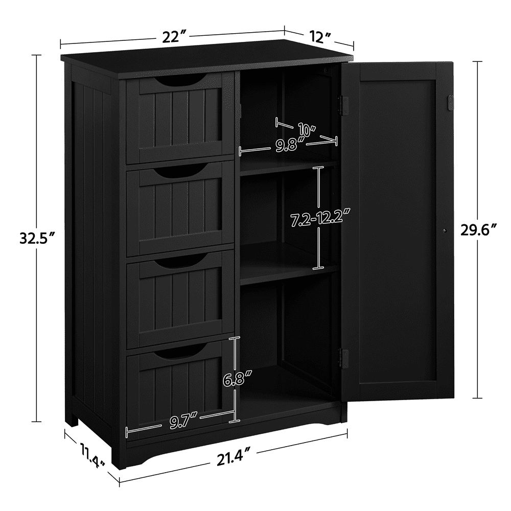 SMILE MART 4 Drawers Wooden Bathroom Floor Cabinet for Home, Black