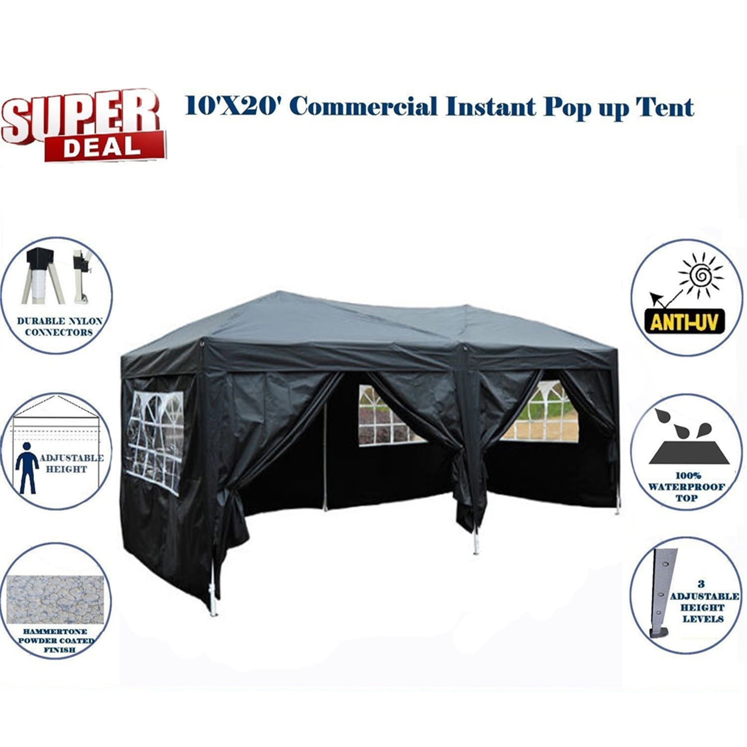 Zimtown 10'x20' Ez Pop up Wedding Party Tent Canopy 6 Sides Black