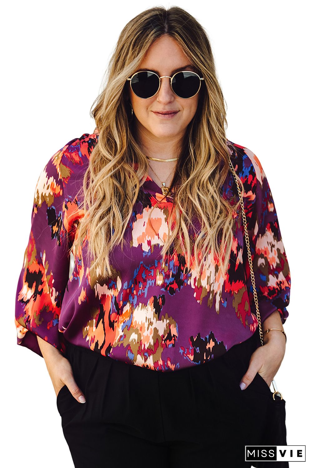 Purple Plus Size Abstract Print V-Neck Long Sleeve Blouse