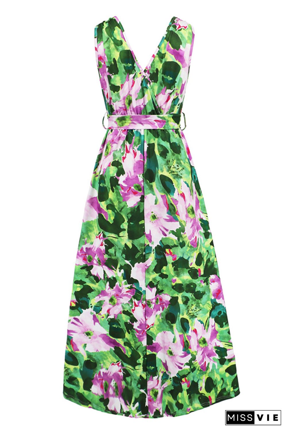 Wrap V Neck High Split Sleeveless Floral Maxi Dress