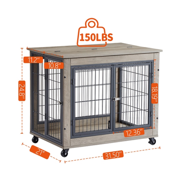 Industrial Wooden Iron Dog Crate， Dog Kennels with 3 Doors and Wheels， Pet Crate Side End Table for Medium and Small Dog