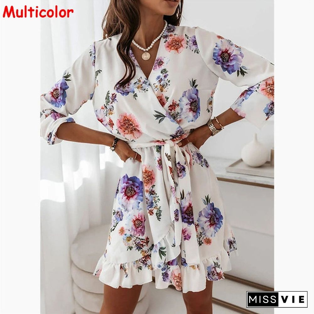 Fall Fashion Floral Print V-neck Long Sleeve Slim Mini Dress Ladies Elegant Vestidos