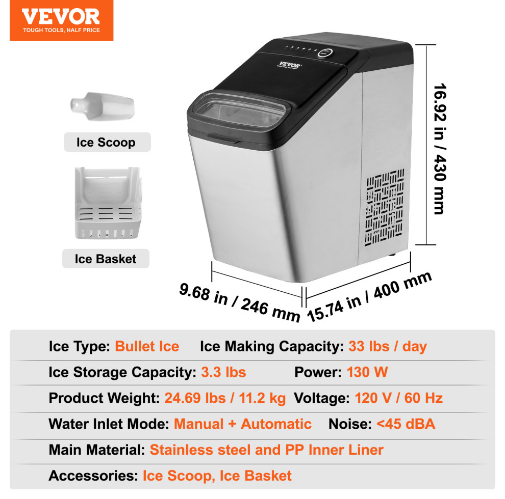 VEVOR Stainless Steel Countertop Ice Maker 33Lbs/24H Bullet Ice Cube Machine   Modern   Ice Makers   by RABBIT HORSE INC  Houzz