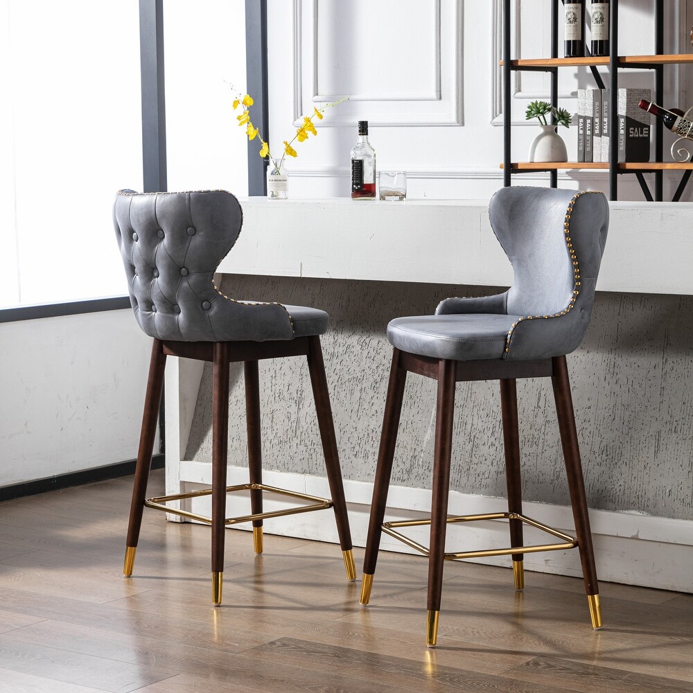 Modern Leather Fabric Bar Stool with Gold Nailheads   Solid Wood Legs  Set of 2