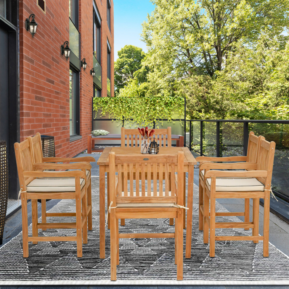 7 Piece Teak Elzas 55 quotRect Bistro Counter Set  6 Counter Stools  Arms   Transitional   Outdoor Pub And Bistro Sets   by Chic Teak  Houzz