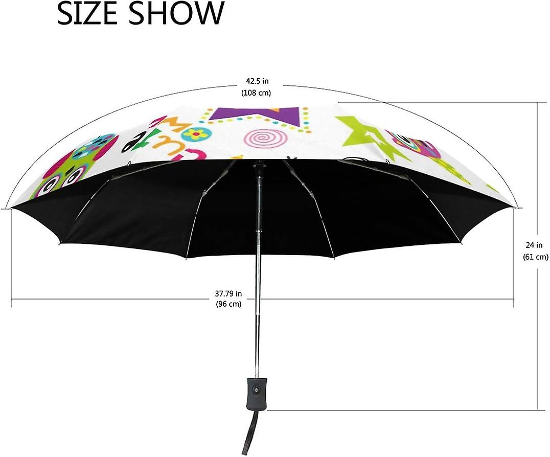 Travel Umbrella Automatic Windproof Foldable Umbrella Colorful Owls And Stars On White