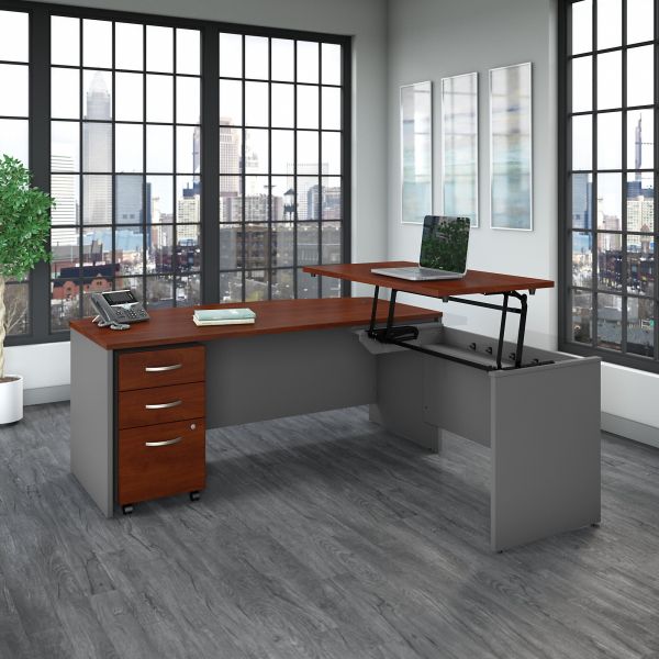 Bush Business Furniture Series C 72W x 36D 3 Position Bow Front Sit to Stand L Shaped Desk with Mobile File Cabinet in Hansen Cherry/Graphite Gray