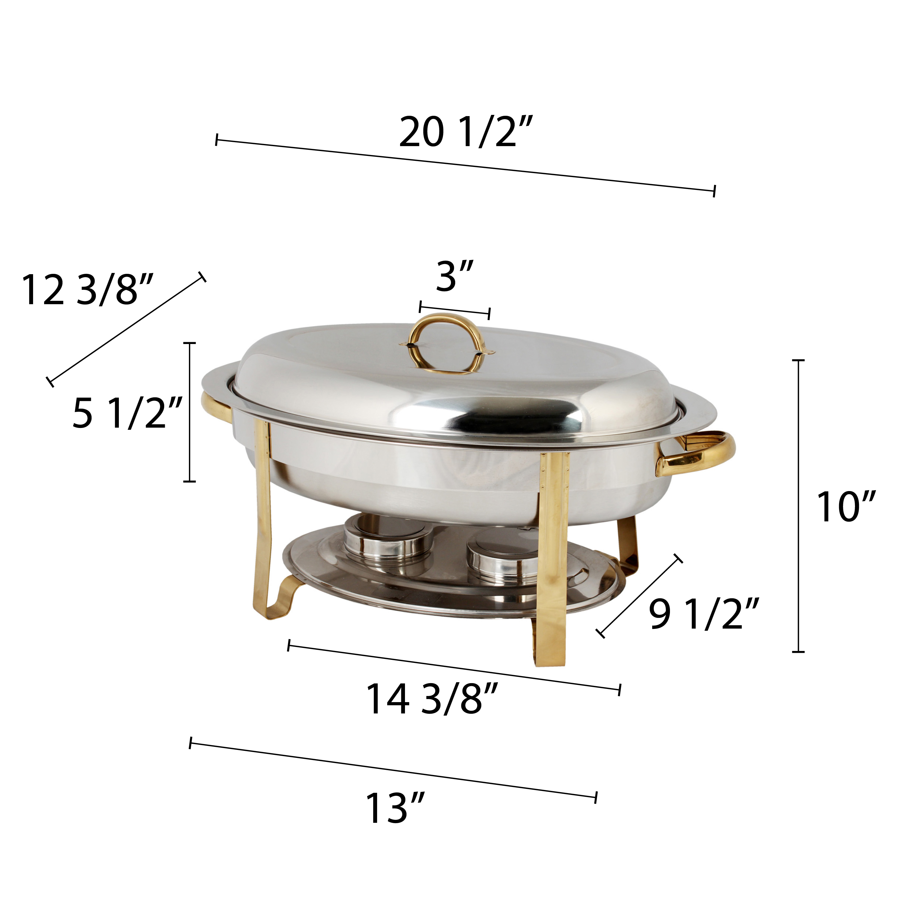 Excellante Stainless steel 6 quart gold accented oval chafer， comes in set