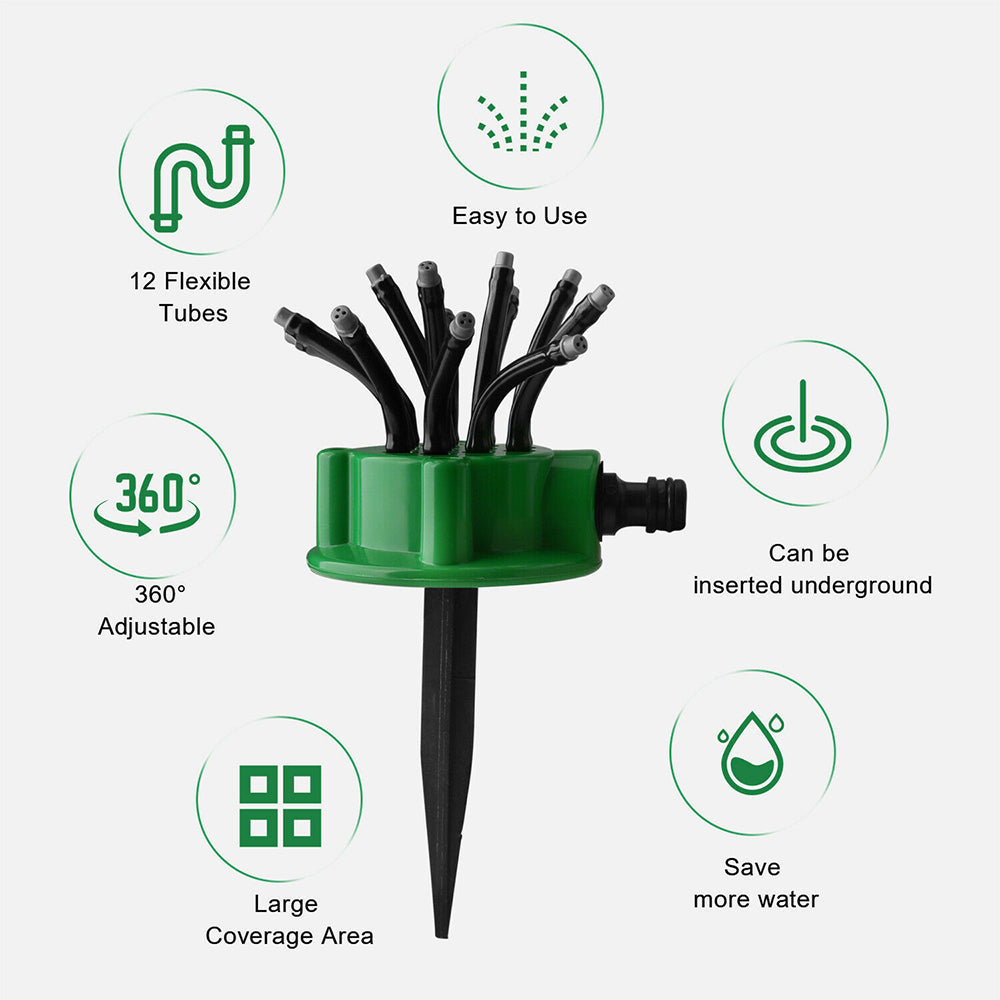 360° Adjustable Flexible 12 Tubes Garden Lawn Automatical Multiple Head Sprinkler