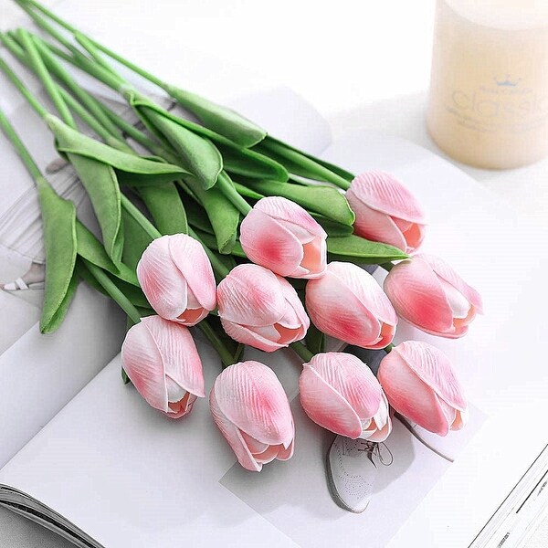 Enova Home Artificial Real Touch Tulips Fake Silk Flowers Arrangement in Glass Vase with Faux Water for Home Wedding Decoration