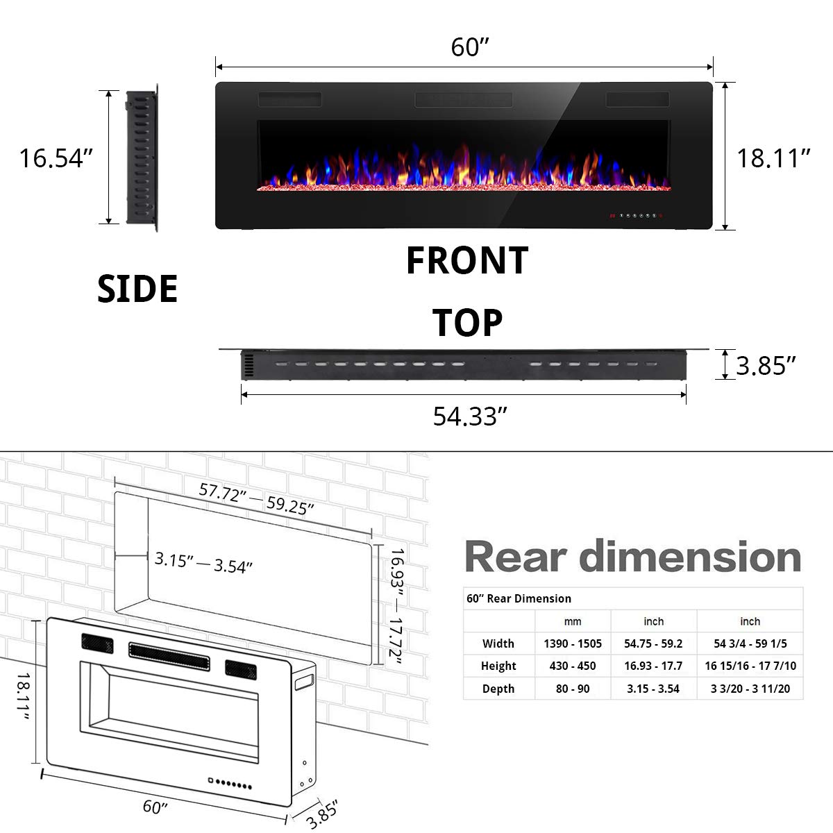 YUKOOL 60" Electric Fireplace Recessed and Wall Mounted,Touch Screen,Remote