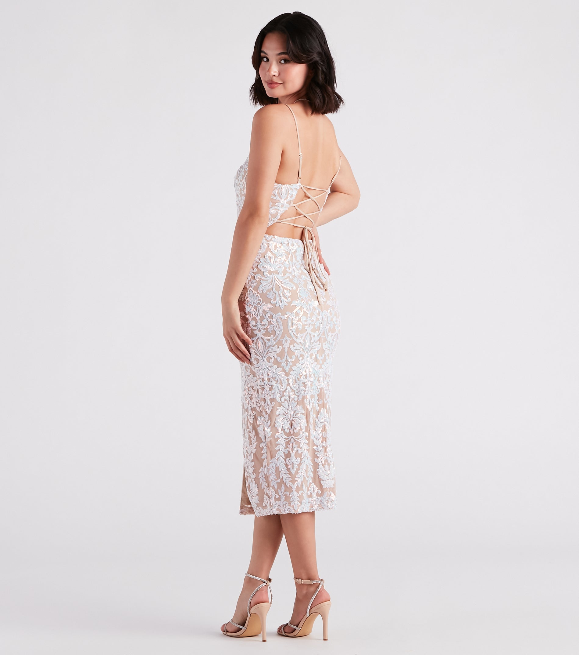 Roxanne Formal Sequin Lace-Up Midi Dress