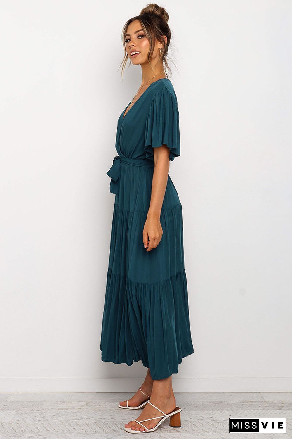 V Neck Tie Waist Short Sleeve Maxi Dress