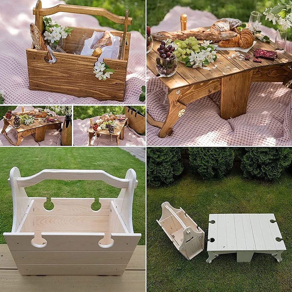 SANAG Folding Picnic Basket Table Portable Wooden Picnic Table Collapsible Table for Lawn Beach Indoor Outdoors Garden Travel