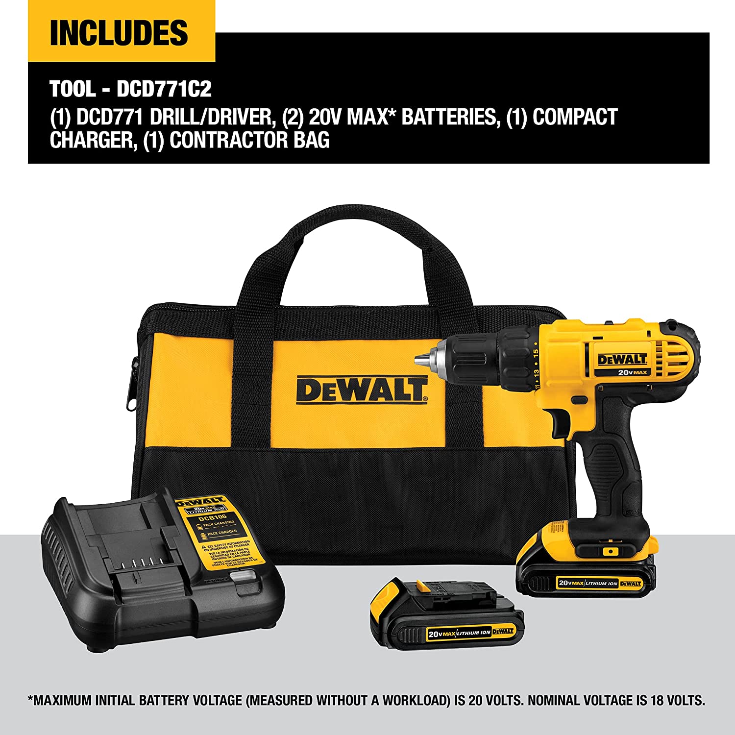 DW 20V Max Cordless Drill / Driver Kit， Compact， 1/2-Inch (DCD771C2)