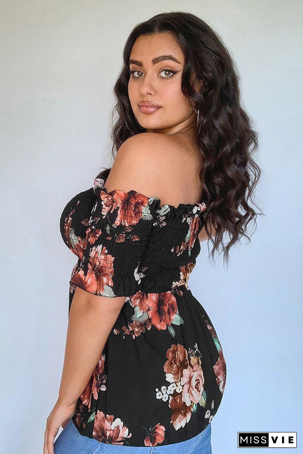 Black Floral Smocked Off Shoulder Plus Size Blouse