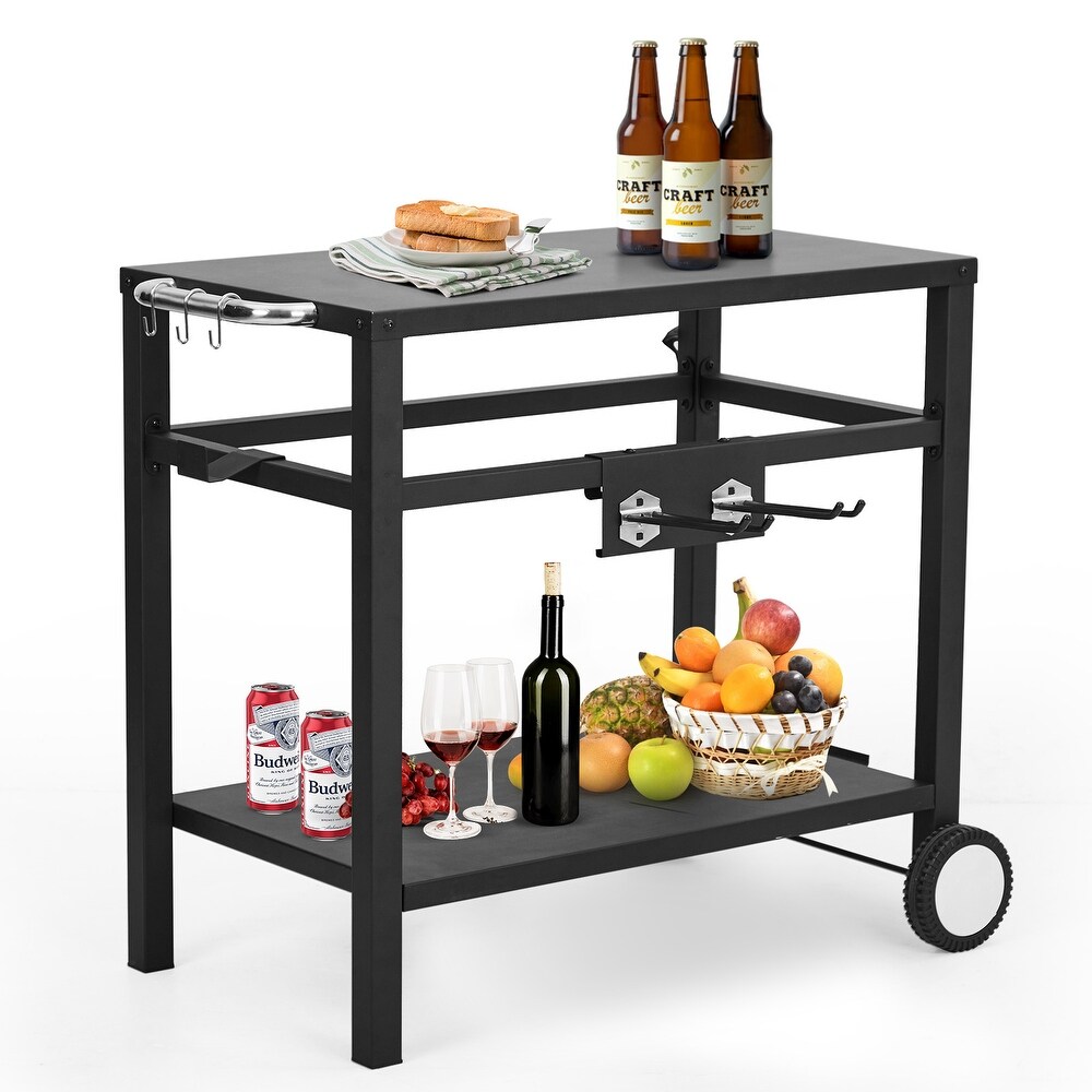 Movable Outdoor Dining Cart Table with Double Shelf