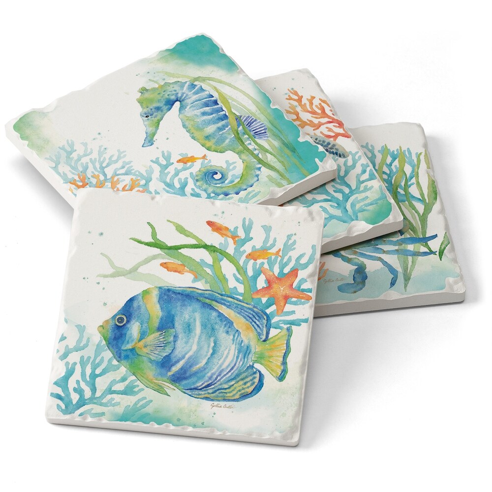 Counterart Absorbent Stone Coaster  Sea Life Serenade  Set of 4   4.01x4.20