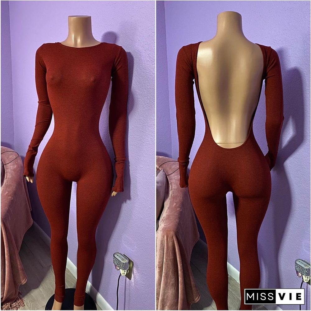 Sexy Solid Elastic Long Sleeve Back Hollow Out Bodycon Jumpsuit