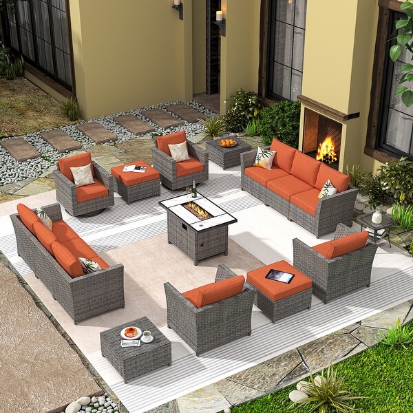 HOOOWOOO 16piece Outdoor Patio Grey Wicker Rattan Furniture Sectional Set with Fire Pit Table