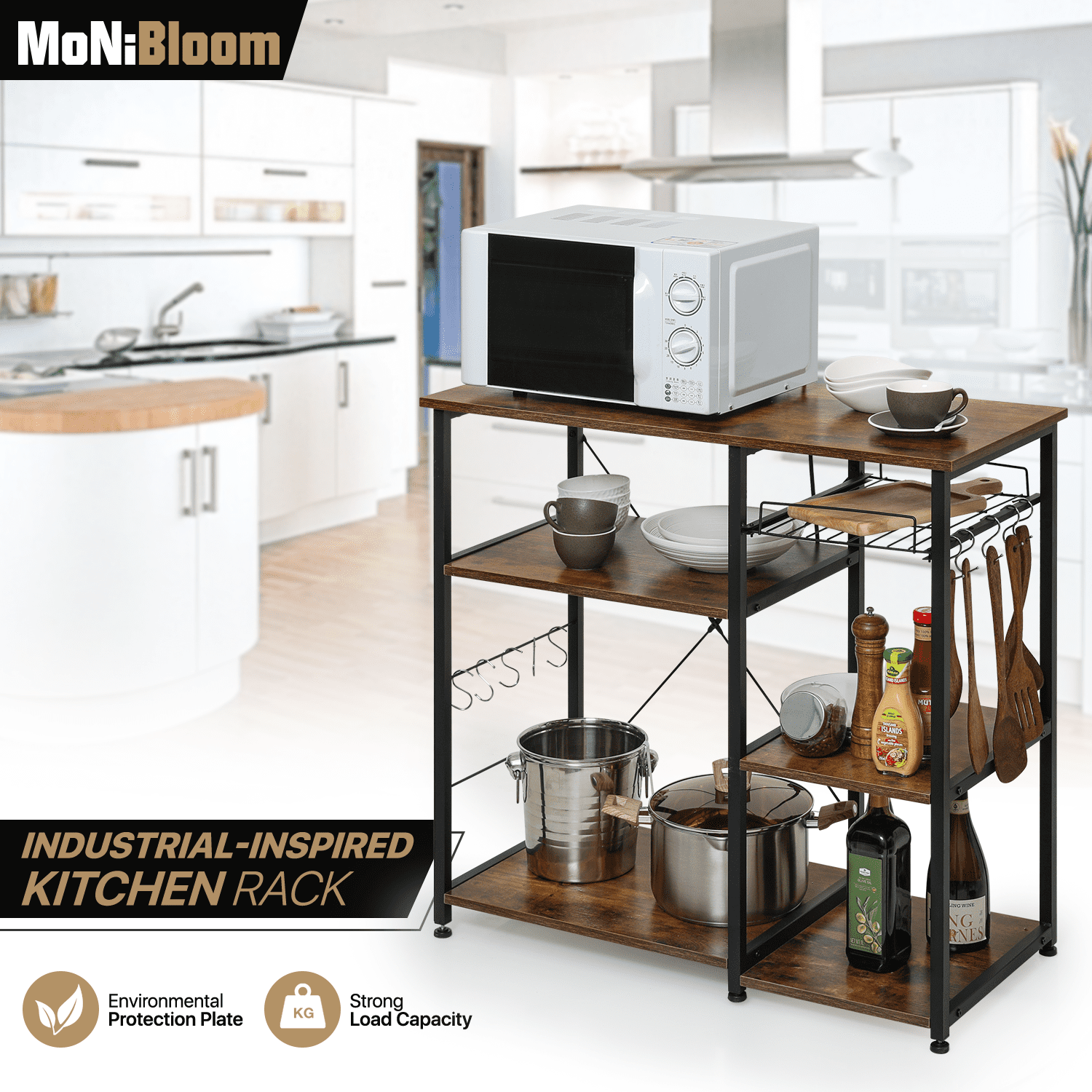 MoNiBloom Kitchen Steel Bakers Rack， Microwave Oven Stand 5 Shelves Kitchen Organizer Workstation， Utility Shelf with Hooks， Brown