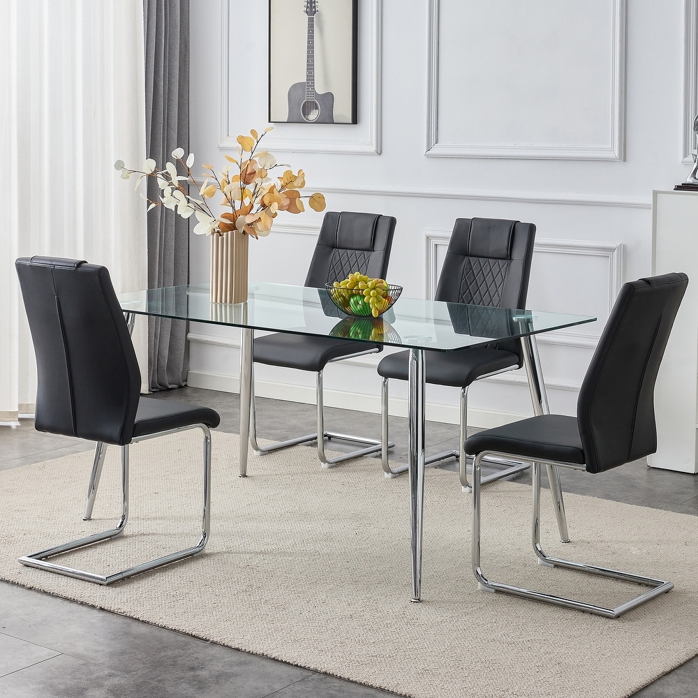 5 PCS Dining Table Set Table and Chair Set w 1 Table and 8 Chairs Glass Table Top Metal Table Legs