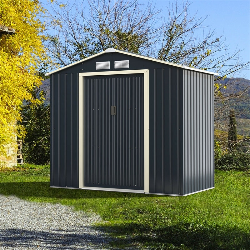 7 x 4 FT Outdoor Metal Storage Shed with 4 Air Vents & Sliding Double Lockable Doors, Backyard Tool Shed Garden Storage House