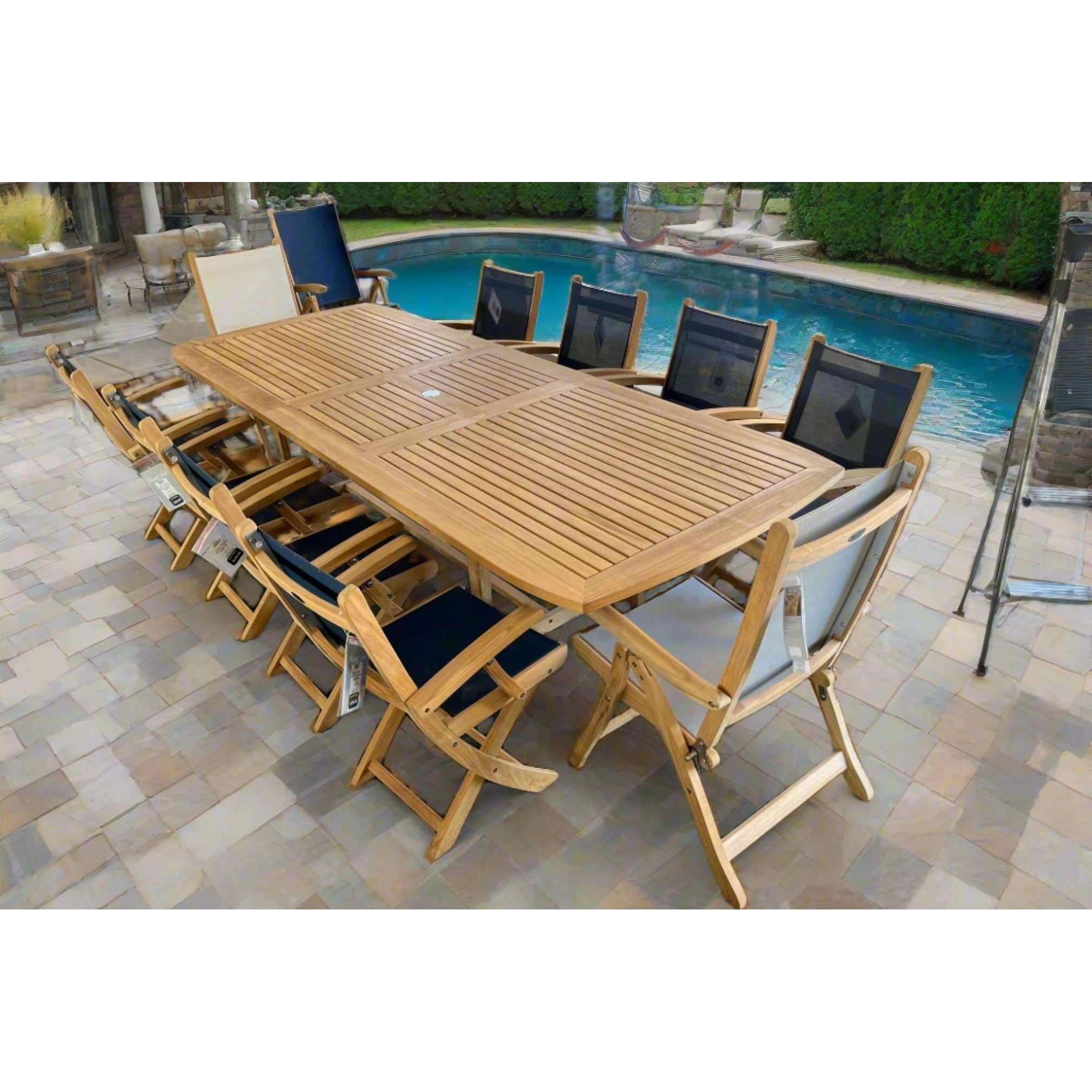 Yacht Teak Banquet 96-118 Extendable 9pc Outdoor Dining Set with 8 Yacht Armchairs