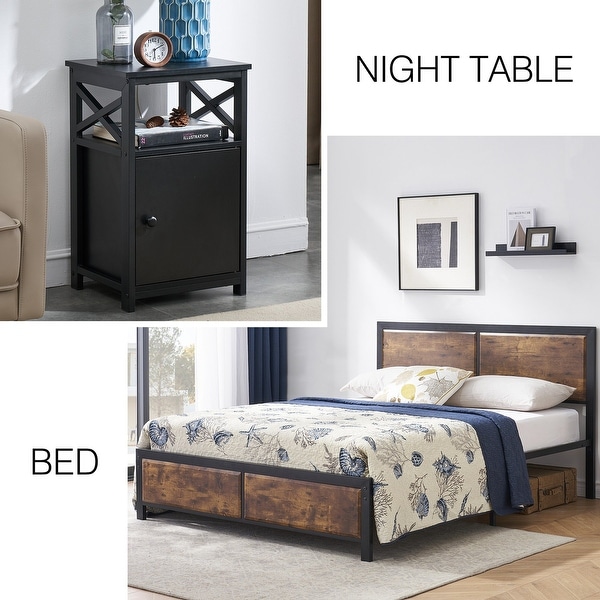 Taomika Industrial 3-pieces Bed with Wood Headboard and Nightstand Set - - 35162744