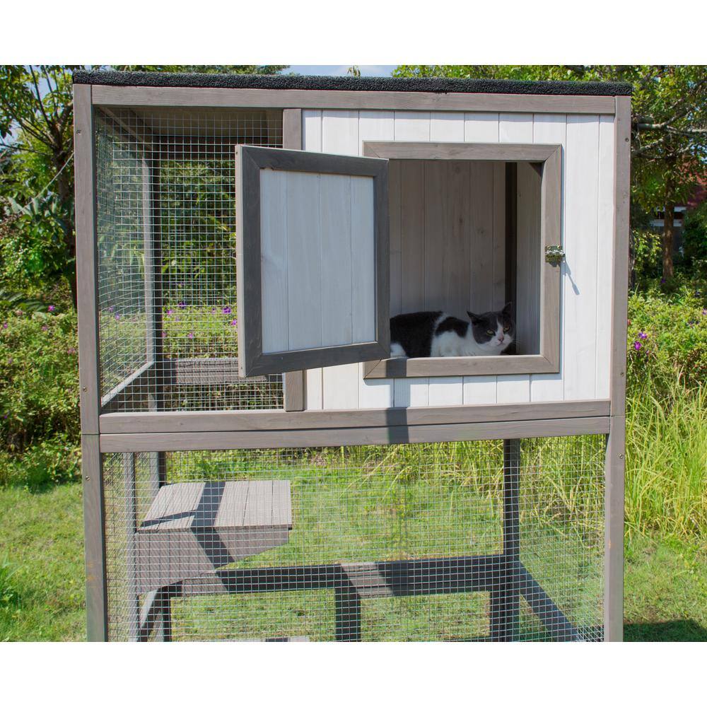 zoovilla Grey and White Cat Climber with Partially Enclosed House Area and Large Run PTH0842222510