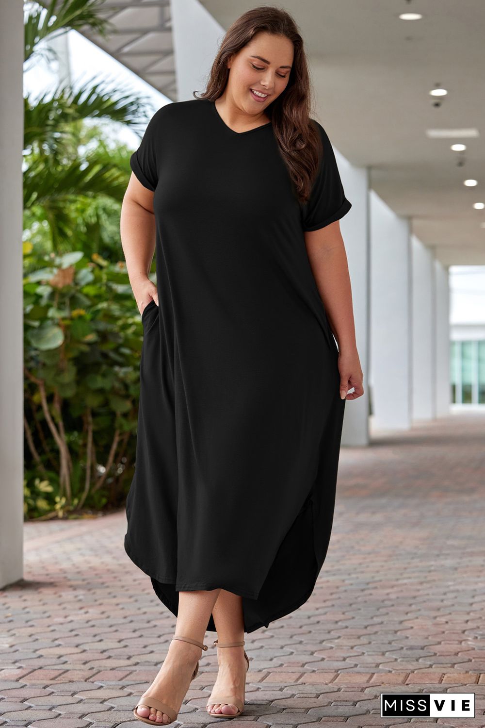 Black Plus Size V Neck Rolled Cuffs Maxi Dress