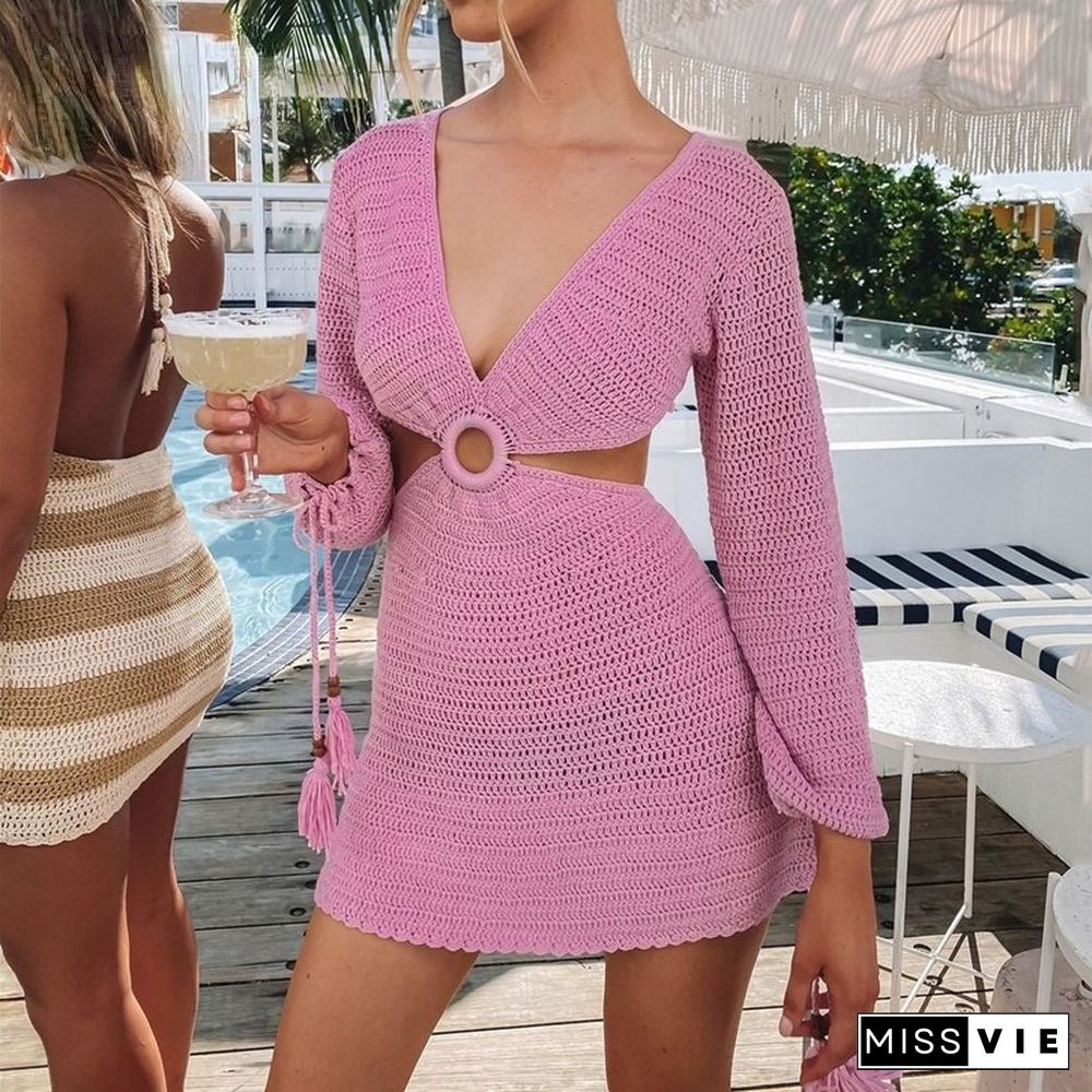 Women's Summer Crochet V-Neck Long Sleeve Sexy Dress