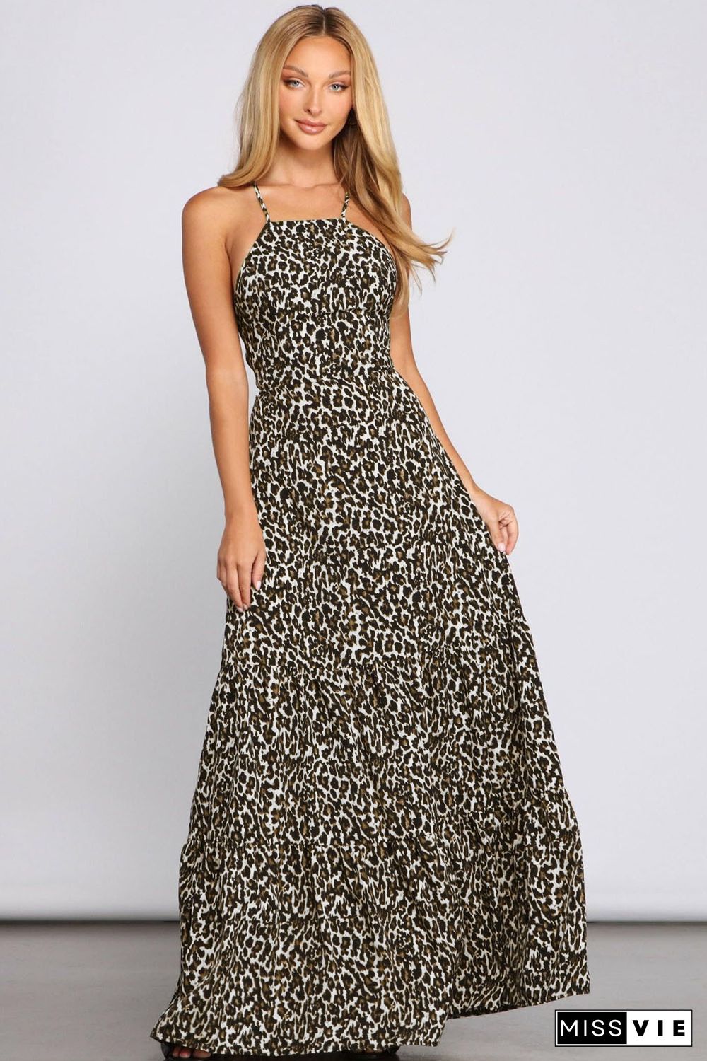 Leopard Halter Neck Strappy Tie Back Maxi Dress