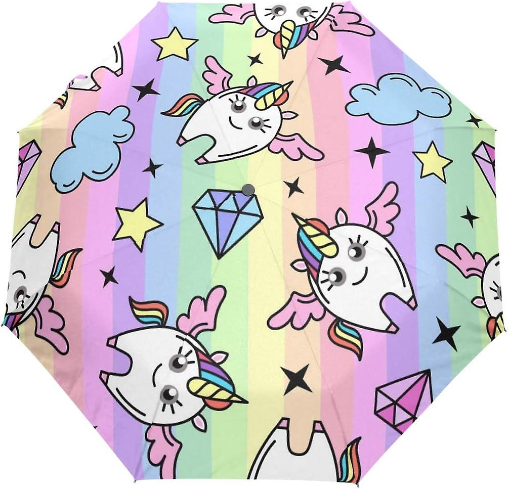 Travel Umbrella Automatic Windproof Foldable Umbrella Unicorn With Wing On Rainbow