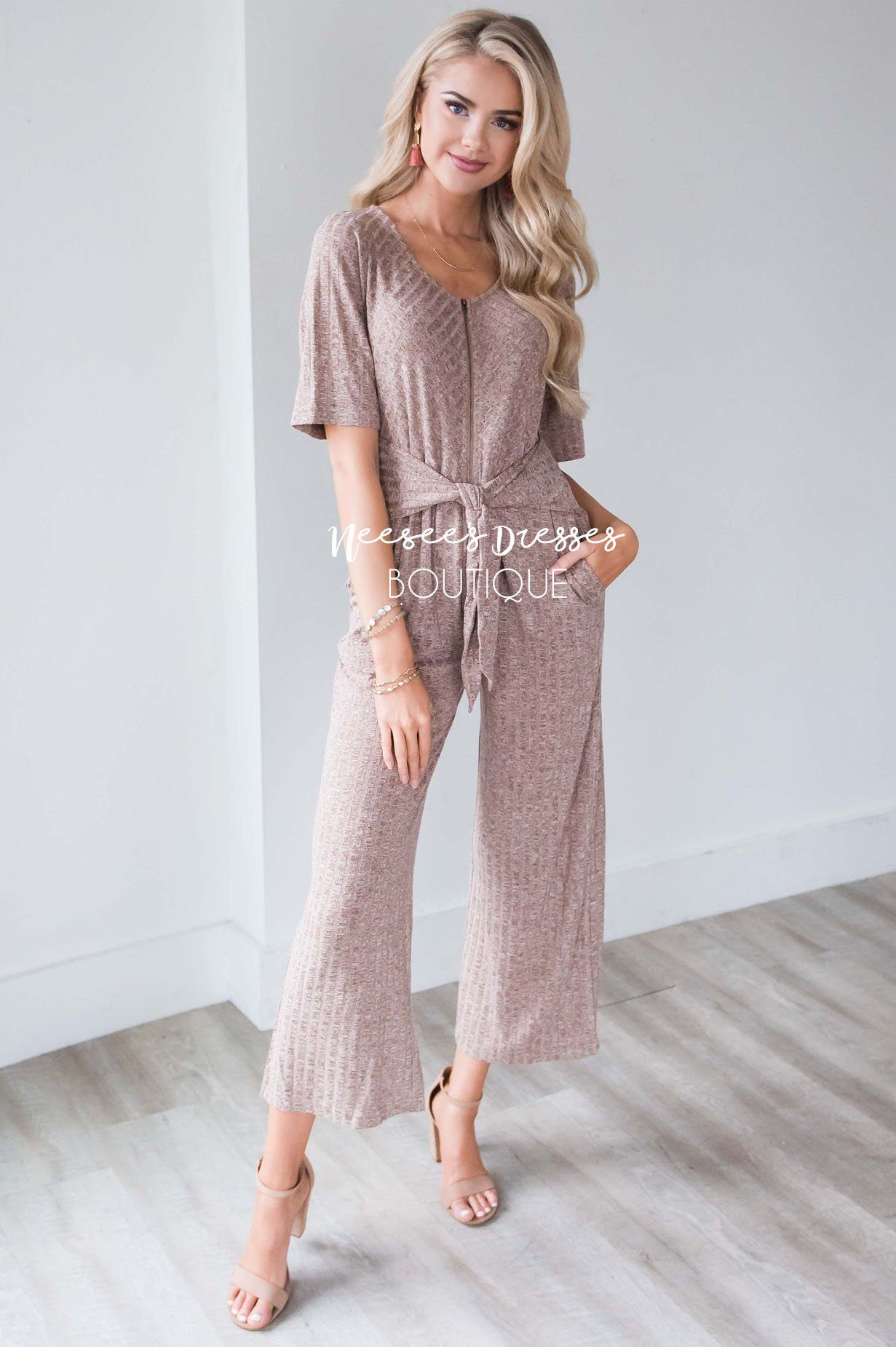 Mocha Zipper & Tie Front Jumpsuit