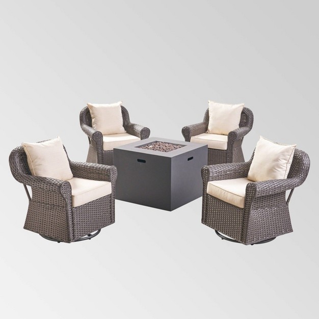 Julian 5pc Faux Wicker Swivel Club Chair amp Square Fire Pit Set Dark Brown dark Gray Christopher Knight Home