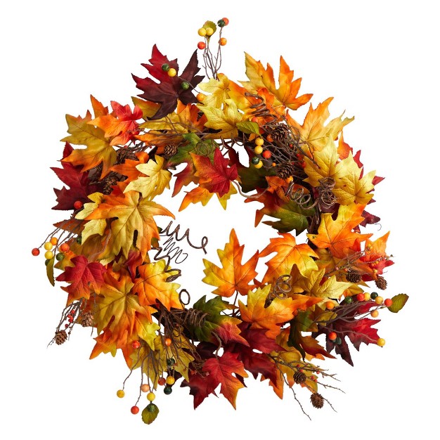 Nearly Natural 24 Autumn Maple Leaf And Berries Artificial Fall Wreath With Twig Base