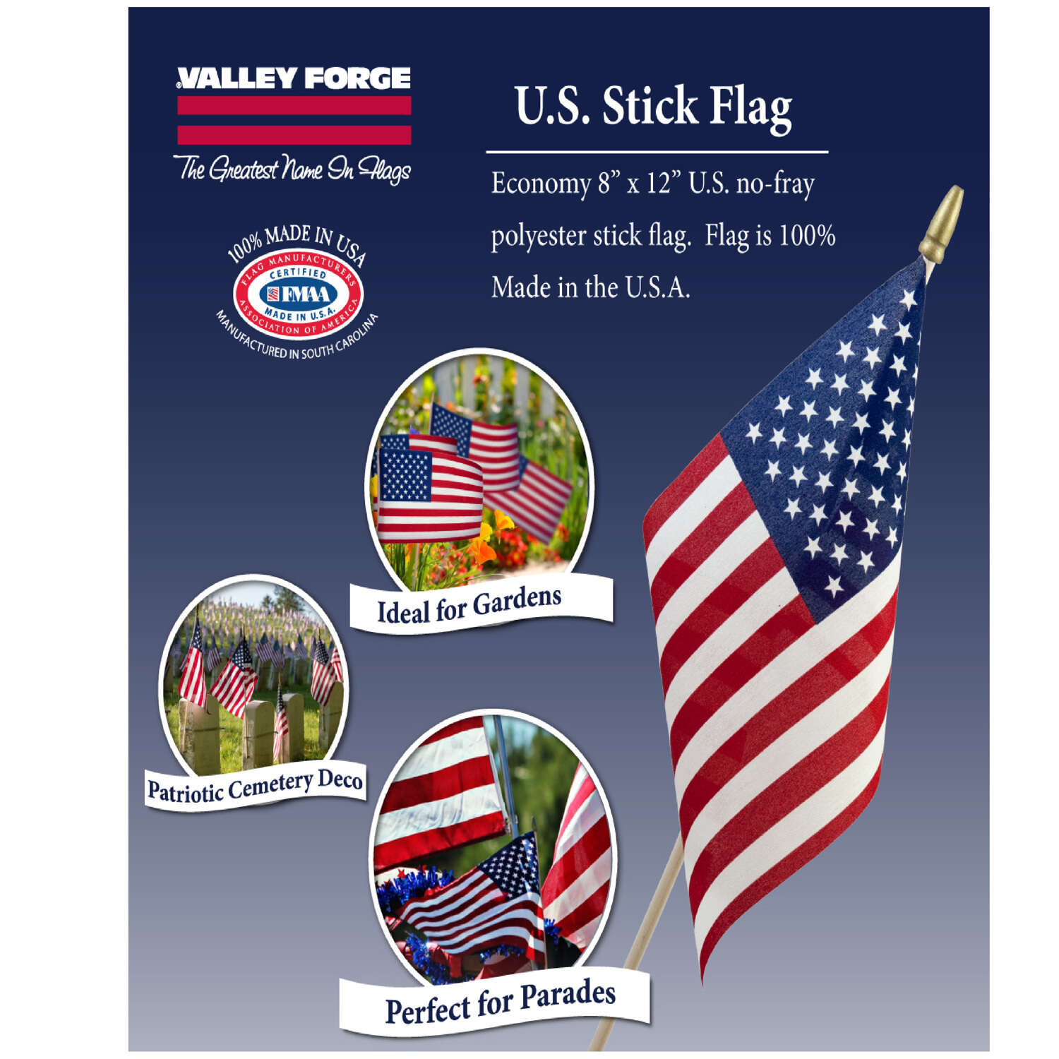 Valley Forge American Stick Flag 8 in. H X 12 in. W