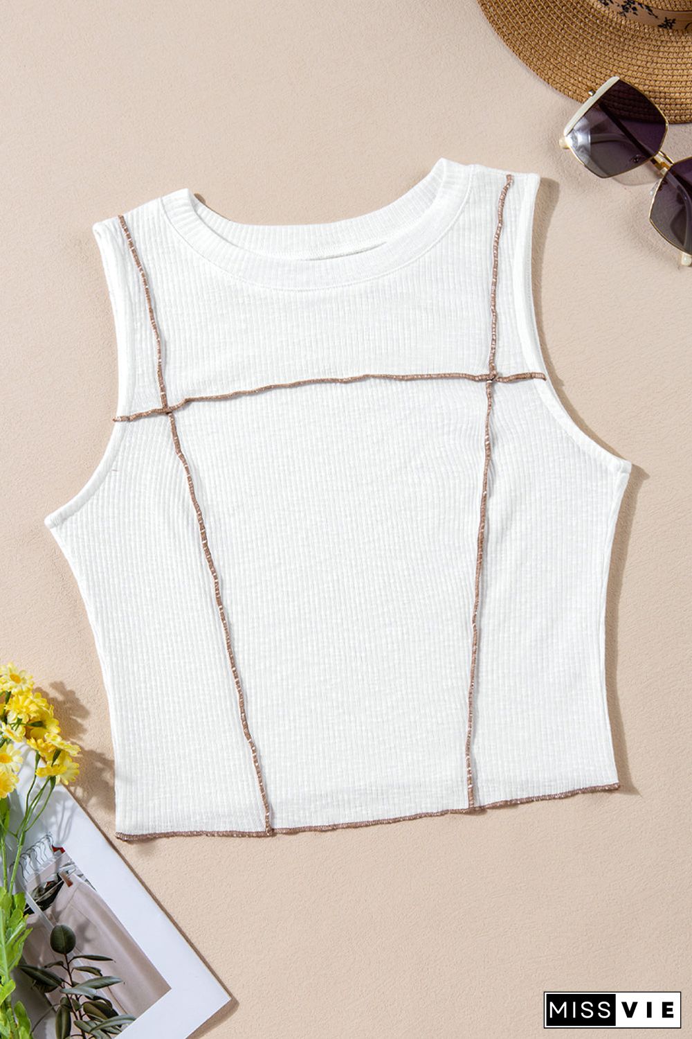 White Contrast Seams Ribbed Tank Top