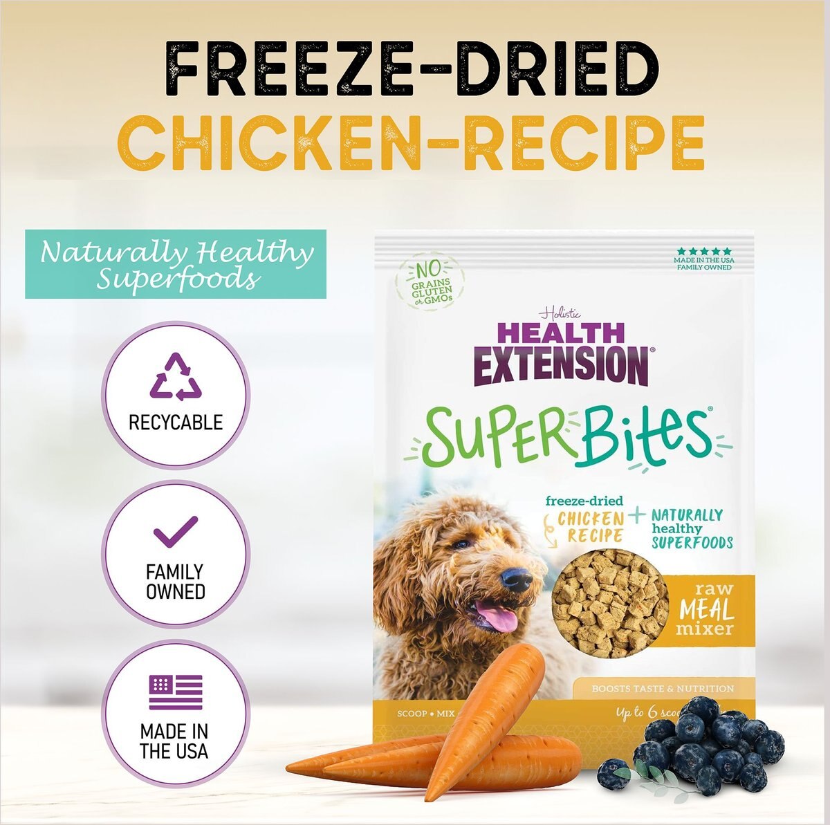 Health Extension Super Bites Chicken Recipe Freeze-Dried Raw Dog Food Mixer