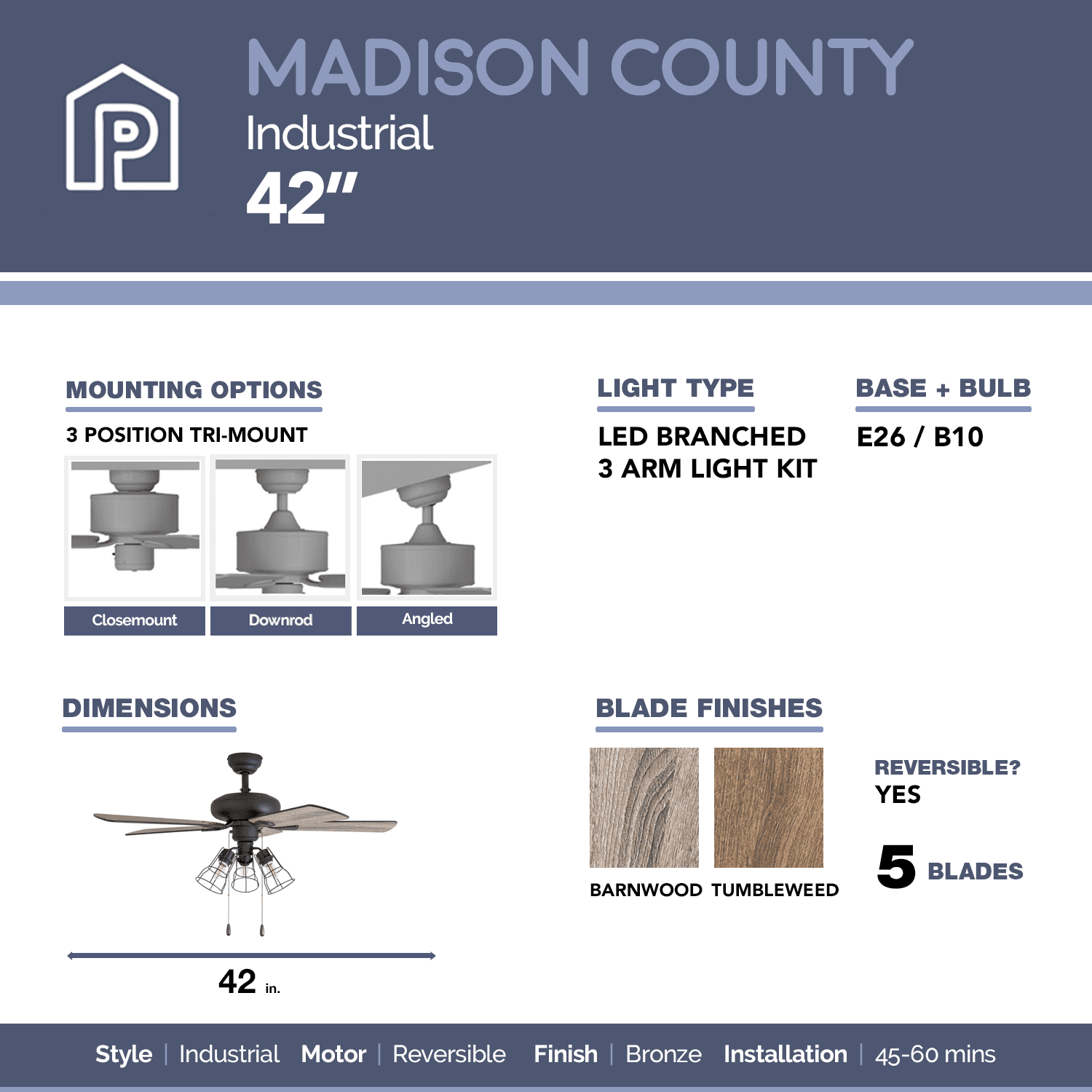 Prominence Home 50588-35 Madison County Industrial 42-Inch Aged Bronze Indoor Ceiling Fan, Cage LED Cage Barnwood, Tumbleweed Blades