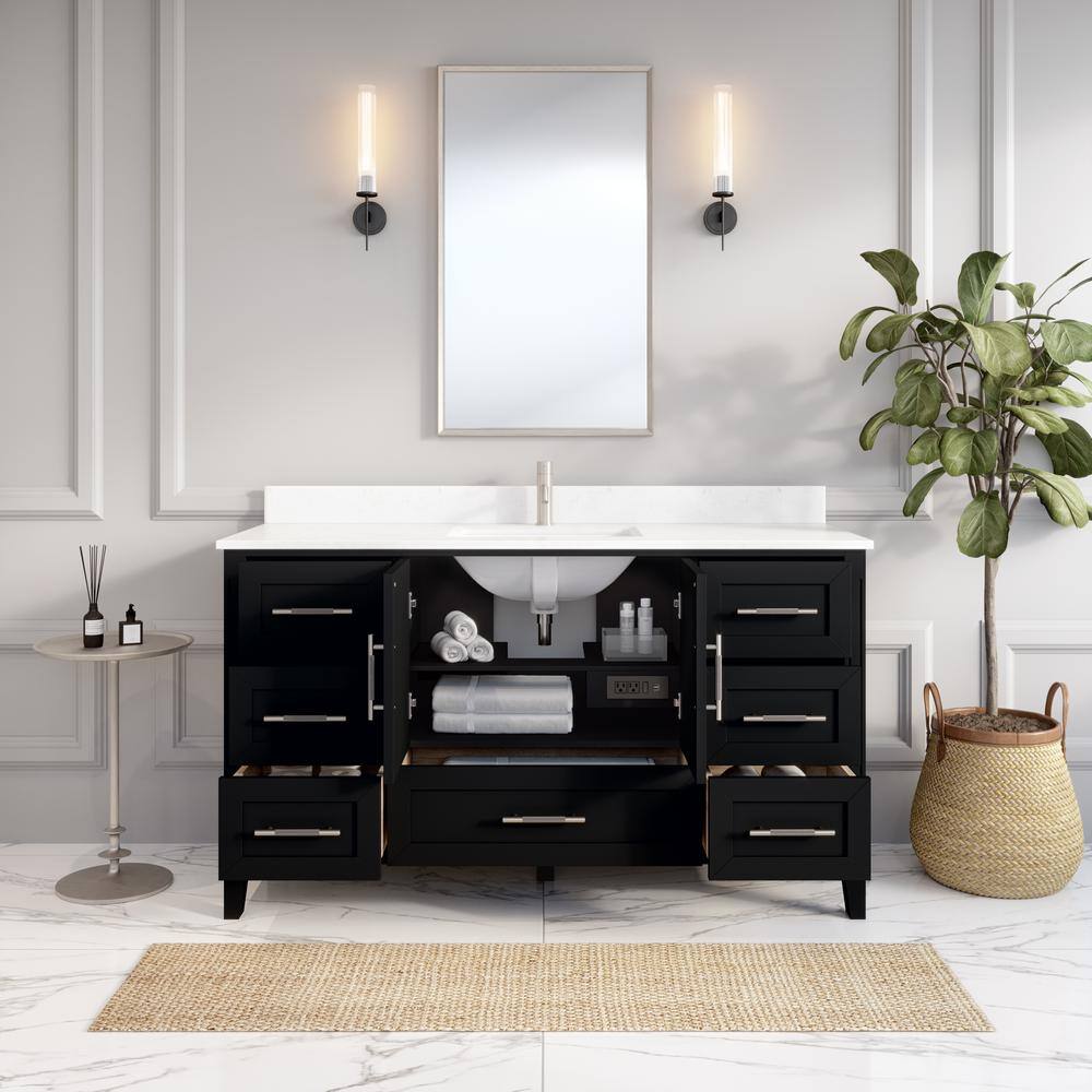 ART BATHE Houston 60 in. W x 22 in. D Bath Vanity in Espresso Diamond Quartz Top with White Sink Power Bar and Drawer Organizer HU60ES