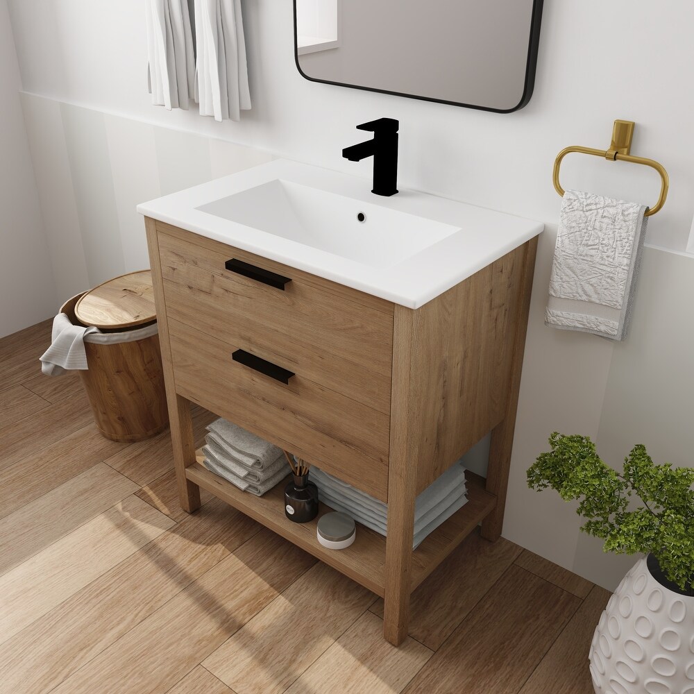 30 Inch Freestanding Bathroom Vanity with Soft Closing Drawers and Ceramic Sink  2/3 Extension Self Closing Drawers