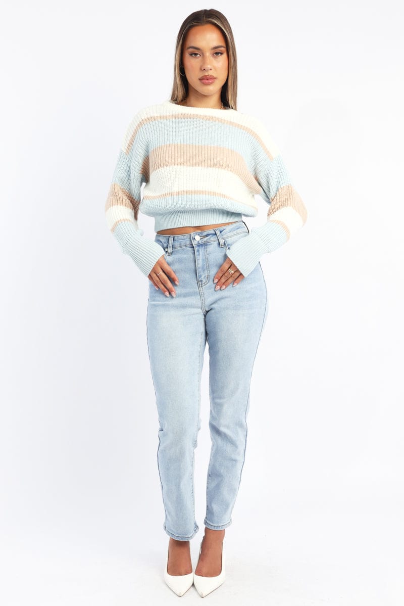 Beige Stripe Knit Top Long Sleeve Color Block