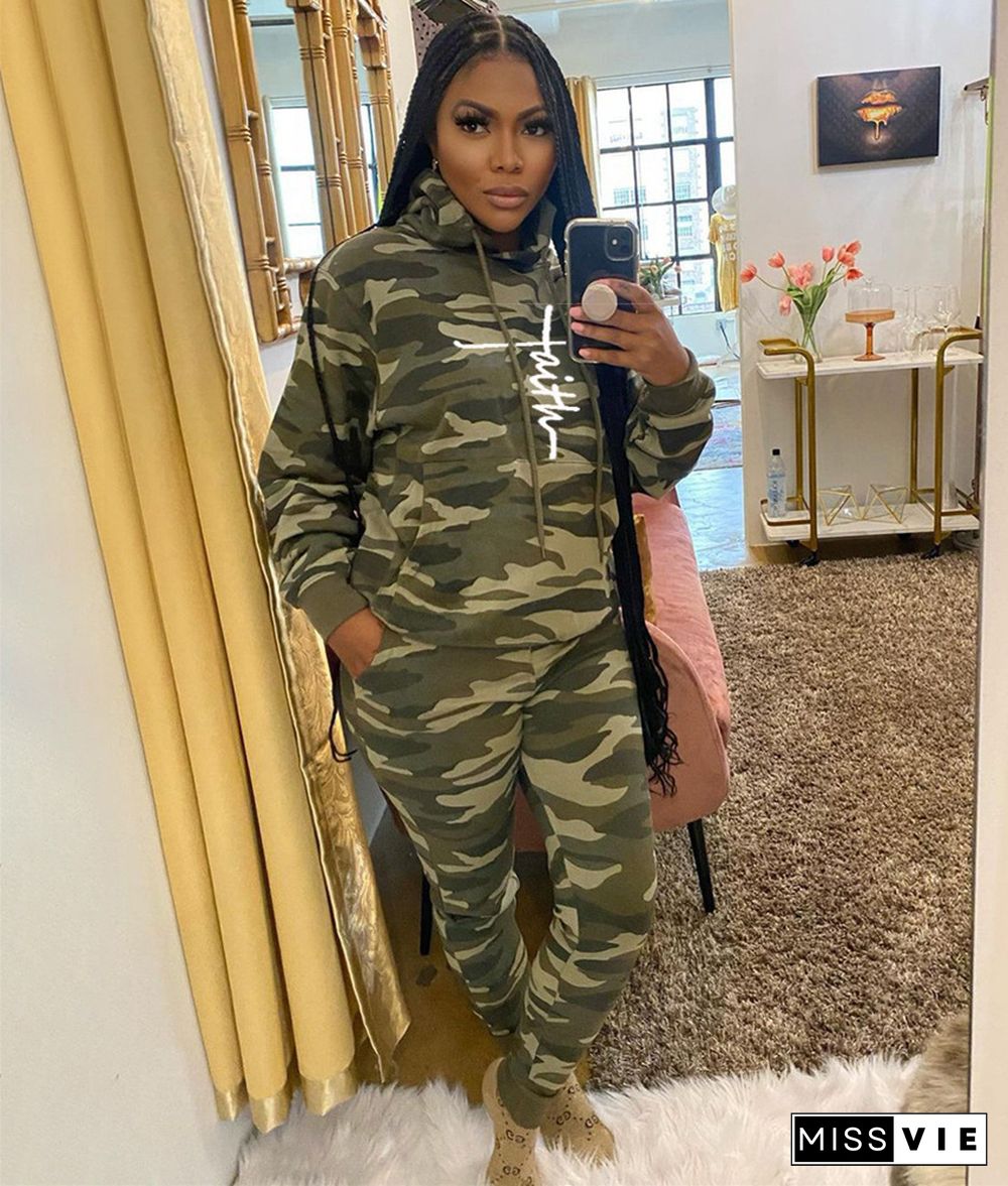 Camouflage Print Hoodie Joggers Pants Sweat Suit